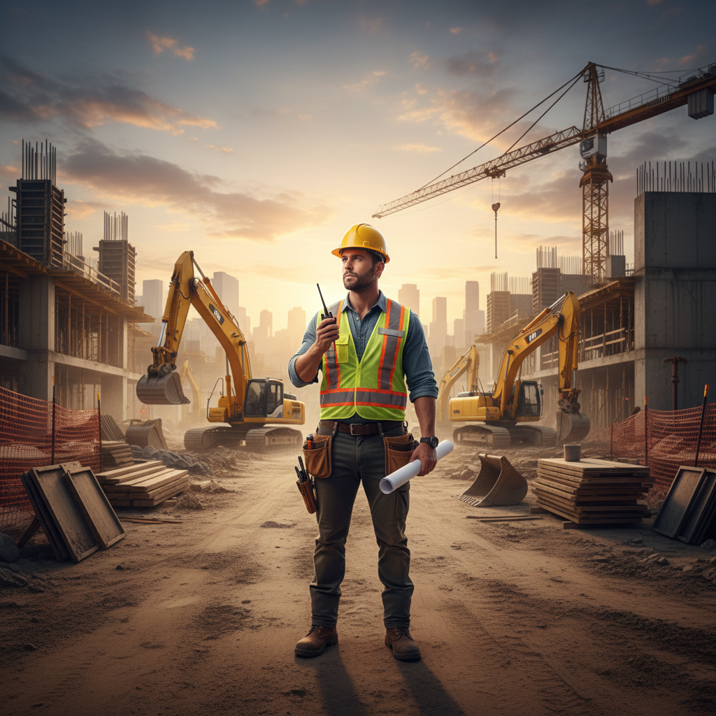 A construction manager in a hard hat and safety vest stands on a job site holding a radio and blueprints with excavators and a crane in the background.